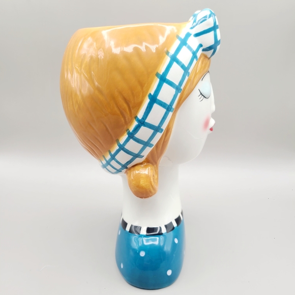 Charming Ceramic Lady Head Vase with Blue Accents - Picture 5 of 6